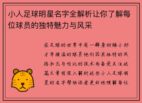 小人足球明星名字全解析让你了解每位球员的独特魅力与风采